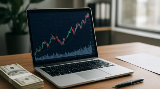 A close-up of a laptop showing a stock market graph next to a stack of cash on a wooden desk